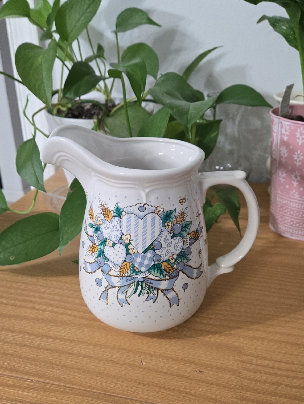 White Ceramic Pitcher with Blue and Green Heart Floral Motif In EUC